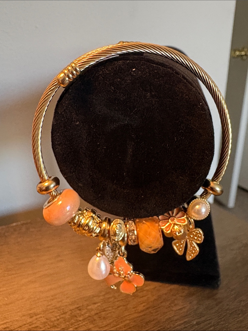 Peach Pink Pearl Charm Bracelet Silver Tone Flower Bow